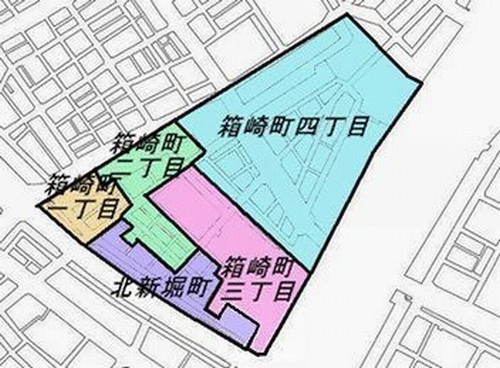 昭和５０年までの北新堀町と箱崎町一〜四丁目の地図